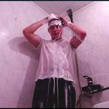 WETColours: Gordy in the Shower with White Polo and Jeans with Shampoo