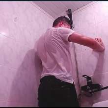 WETColours: Gordy in the Shower with White Polo and Jeans with Shampoo