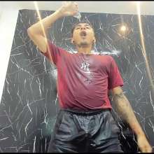 WETColours: Jack Super Wet in Red T-shirt and Black Shorts