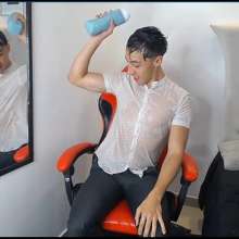 WETColours: Luke Gets Wet in White Short-sleeved Shirt and Dress Pants