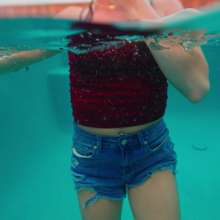 WetlookFashion: Tiffany Taking a Dip in the Pool in Jean Shorts and Top