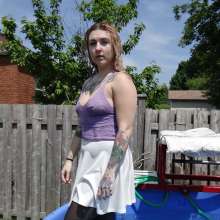 DunkTankFan: new Brooke Dunked in a purple top with a white mini skirt and pantyhose