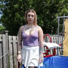 DunkTankFan: new Brooke Dunked in a purple top with a white mini skirt and pantyhose
