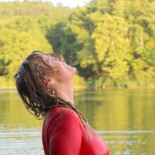 April Showers Wetlook: New Video!  Lake Swim in Red Shirt and White Jeans