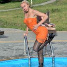 ufa217: Angelina in a sheer dress swims in the pool.