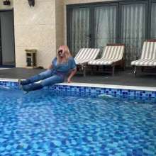 Wet_look_elena: Denim Outfit with Heels in the Pool