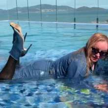 Wet_look_elena: Denim Skirt in the Pool