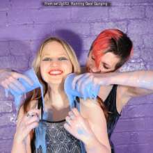 DungeonMasterOne: Felicity and Lily in skin-tight running gear, drenched in gunge!