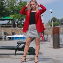 Wet Live Team: Awesome Wet Look in Coat, Heels and Skirt!  No Bra