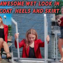 Wet Live Team: Awesome Wet Look in Coat, Heels and Skirt!  No Bra