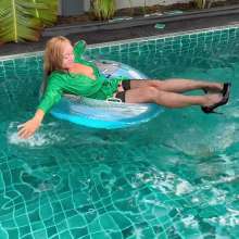 Wet_look_elena: Green Dress and Stockings in the Pool