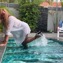 Wet_look_elena: Heels Stockings and Thin White Shirt in Pool