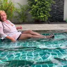 Wet_look_elena: Heels Stockings and Thin White Shirt in Pool