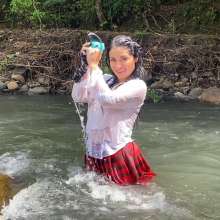 wet.look.me: Wetlook girl in mountain river in skirt and shirt get wet | Wetlook.biz