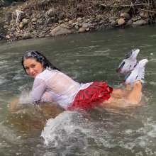 wet.look.me: Wetlook girl in mountain river in skirt and shirt get wet | Wetlook.biz