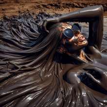 splathair2020: AI long hair Women enjoying slippery mud