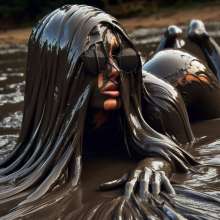 splathair2020: AI long hair Women enjoying slippery mud