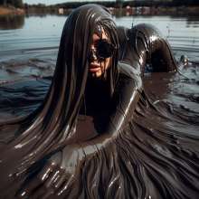 splathair2020: AI long hair Women enjoying slippery mud