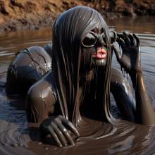splathair2020: AI long hair Women enjoying slippery mud