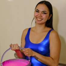 messyhot: Laotian Doll Sammie Baby Slimed in a Shiny Bathing Suit