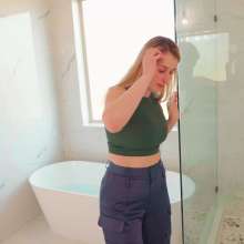 WetlookFashion: Ariel Showers and Bathes in Satin Pants, Crop Top and Heels