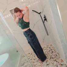 WetlookFashion: Ariel Showers and Bathes in Satin Pants, Crop Top and Heels
