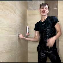 WETColours: Dario in the Shower in Green Shirt and Pants with Shampoo