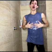 WETColours: Dario in the Shower with a Blue Tank Top and Pants