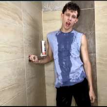 WETColours: Dario in the Shower with a Blue Tank Top and Pants
