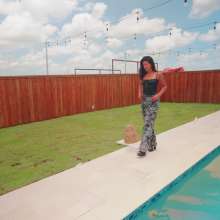 WetlookFashion: Jolissa Takes a Dip in Camo Cargos, Satin Top and Heels