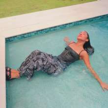 WetlookFashion: Jolissa Takes a Dip in Camo Cargos, Satin Top and Heels