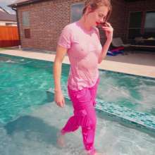WetlookFashion: Joy Falls in the Pool In Cargo Pants and a T-shirt