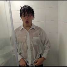 WETColours: Ross in the Shower with a Fantastic White Shirt and Jeans