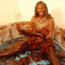 WSMProductions: Mature Dee dressed in white with choc spread and treacle--wsm