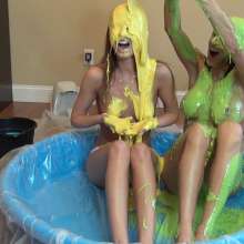 bosunbob: Ariel, Jayce, Dixie topless, all one pool with a heck of a lot of slime!