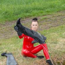 bootedbabes: Red Latex Catsuit and Waders