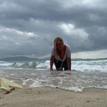 Wet_look_elena: Leather Skirt and Stockings in the Sea