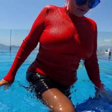 Wet_look_elena: Red Top Back Skirt Stockings and Heels in the Pool