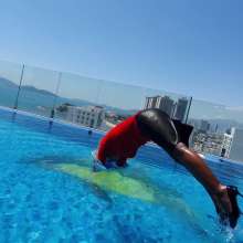 Wet_look_elena: Red Top Back Skirt Stockings and Heels in the Pool