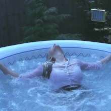 RevSlymsford: Cherry Wetlook: Hot Tub In Office Blouse, Skirt + Stockings