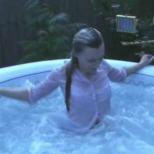 RevSlymsford: Cherry Wetlook: Hot Tub In Office Blouse, Skirt + Stockings