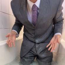 Soakedbusinesssuit: Get wet in fully button business suit?