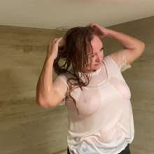 Wet_look_elena: Big Bath Leather Look Trousers Thin Whit T-shirt