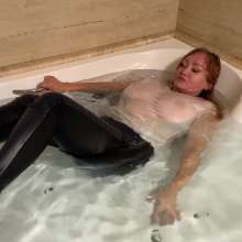 Wet_look_elena: Big Bath Leather Look Trousers Thin Whit T-shirt
