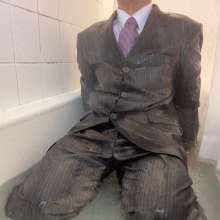 Soakedbusinesssuit: Get wet in fully button business suit?