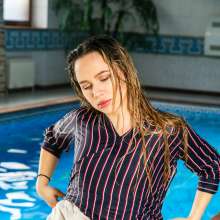 wet.look.me: Wetlook girl dressed in a striped jumper and pants suit | Wetlook.biz