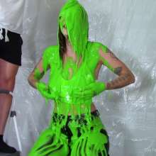 Miss Nicole: Phoebe Is Green Slimed and Pied in Tight Leather Pants