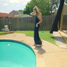 WetlookFashion: Joy in the Pool Wearing a Sexy Black Satin Dress