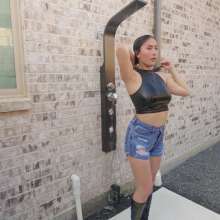 WetlookFashion: Kylie Gets Wet in Sexy Jean Shorts, Crop Top and Boots