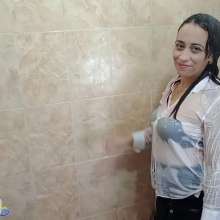 Hikari-Studio-Wam: Sheila in the Shower with a Leather Skirt and White Shirt